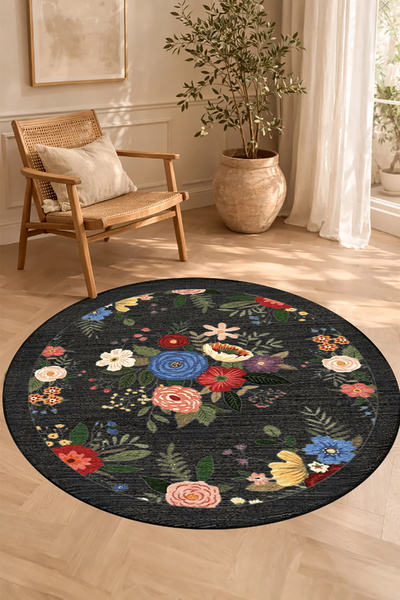 Decomia Home Dijital Kaymaz Yıkanabilir Renkli Vintage Yuvarlak Salon Halısı ...