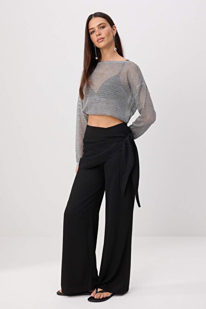 Trendyol Collection Black Shawl Tie Detail Wide Leg Pants Twoss26Pl00249