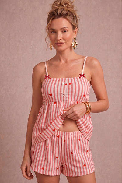 BELLA NOTTE Pink Women's Striped Heart Patterned Strappy Shorts Pajama Set