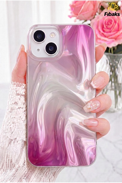 Fibaks iPhone 15/14/13 Kılıf Rüya Shine Saten Dokulu Renk Geçişli Hologram Ef...