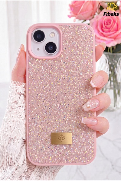 Fibaks iPhone 13/14/15 Kılıf Içi Kadife Elmas Tasarımlı Pembe Taşlı Işıltılı ...