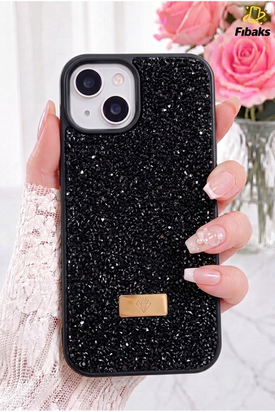 Fibaks iPhone 13/14/15 Kılıf Içi Kadife Elmas Tasarımlı Siyah Taşlı Işıltılı ...