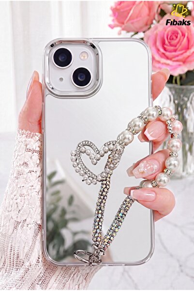 Fibaks iPhone 13/14/15 Kılıf Aynalı İnci Charm Askılı Kalp Tasarımlı Desenli ...