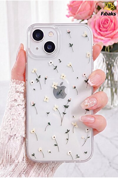 Fibaks iPhone 13/14/15 Kılıf Şeffaf Renkli Çiçek Desenli Esnek Yumuşak Silikon Kapak