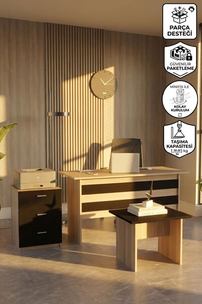 Yurupa Bega ABC Masa Sehpa Keson Ofis Büro Masa Takımı 3 Renk Meşe Siyah BEG9-OB