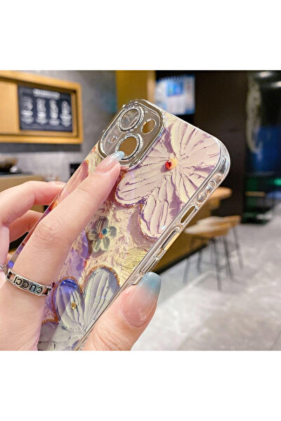 Fibaks iPhone 13 Kılıf Renk Değiştiren Taşlı Kamera Lens Korumalı Pembe Çiçek Desenli Darbe Emici Kapak