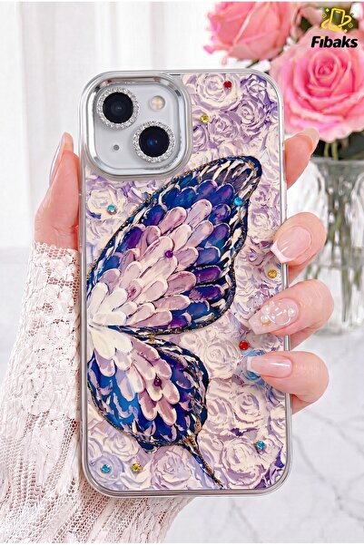 Fibaks iPhone 13 Kılıf Renk Geçişli Taşlı Kamera Lens Korumalı Simli Mor Kele...