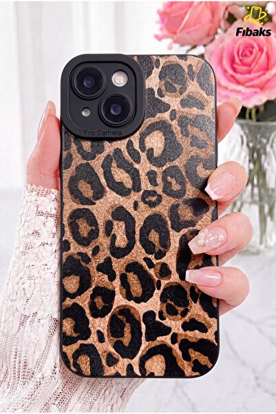 Fibaks iPhone 13/14 Kılıf Mat Sarı Leopar Desenli Darbe Emici Kamera Korumalı...