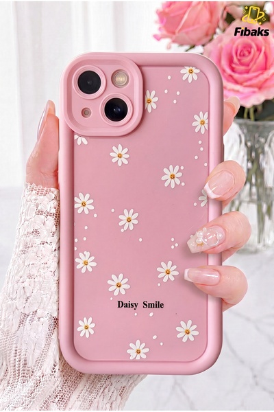 Fibaks iPhone 13/14 Kılıf Yumuşak Dokulu Papatya Desenli Yumuşak Kamera Korum...