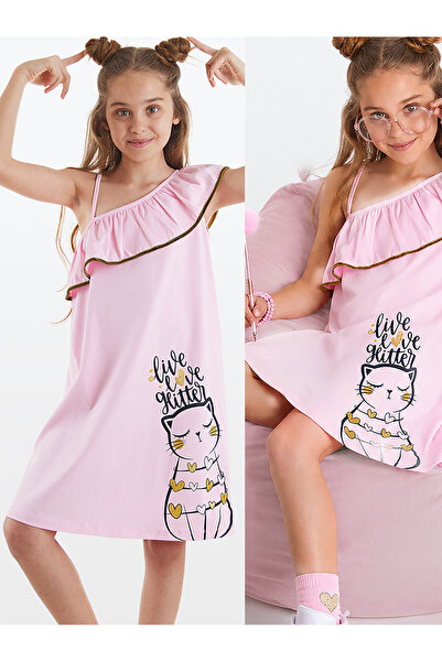 MSHB&G Kedi Kız Çocuk Yazlık Fırfırlı Penye Pembe Kız Elbise