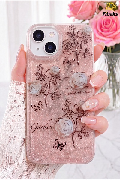 Fibaks iPhone 13/14 Kılıf Simli Beyaz Gül Desenli Renkli Parlak Darbe Emici K...