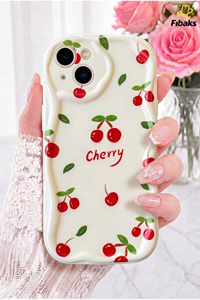 Fibaks iPhone 13 Kılıf Kamera Korumalı Dalga Kenarlı Cherry Desenli Yumuşak S...