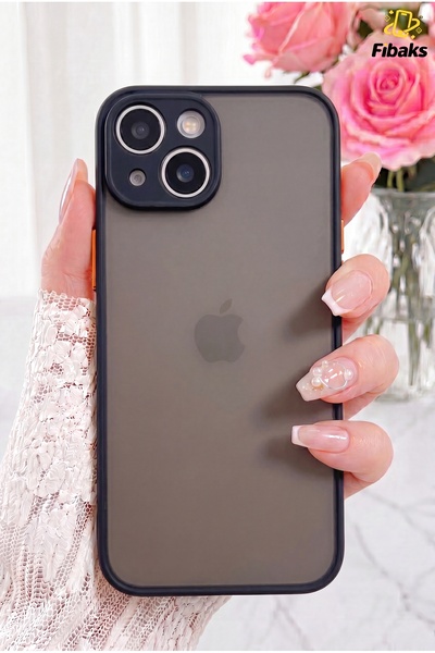 Fibaks iPhone 13/14 Kılıf Kamera Korumalı Renkli Tuşlu Mat Transaparan Kapak Siyah