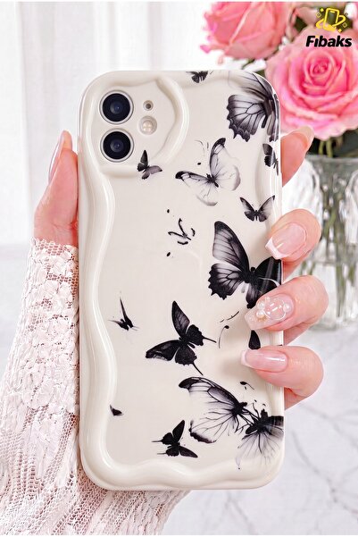 Fibaks iPhone 11 Kılıf Kamera Korumalı Silikon Siyah Kelebek Desenli Dalga Ke...