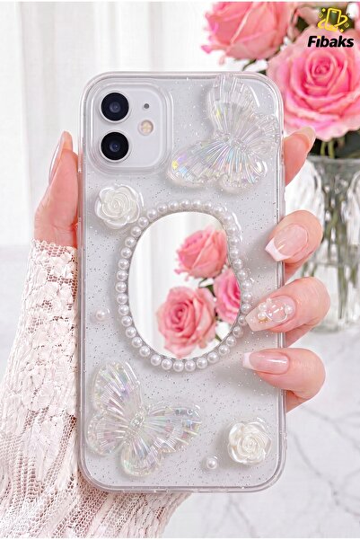 Fibaks iPhone 11 Kılıf 3D Kelebek Gül Desenli Aynalı Simli Şeffaf Tasarımlı S...