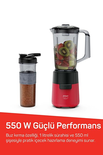Arzum AR1196 Shake'N Take Megamix Sürahi Blender 550W, 1L Sürahi, 550 ml Taşınabilir Şişe, Kırmızı