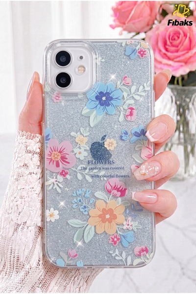 Fibaks iPhone 11 Kılıf Mavi Simli Çiçek Desenli Renkli Parlak Darbe Emici Kapak
