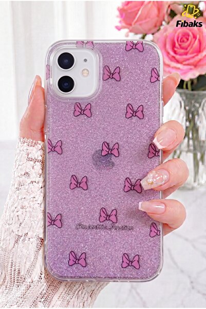 Fibaks iPhone 11 Kılıf Mor Simli Fiyonk Desenli Renkli Parlak Darbe Emici Kapak