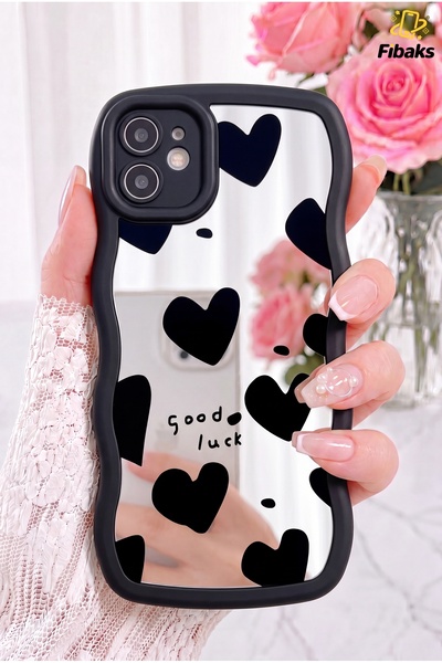Fibaks iPhone 11 Kılıf Aynalı Kalp Desenli Yumuşak Kenarlı Kamera Korumalı Si...