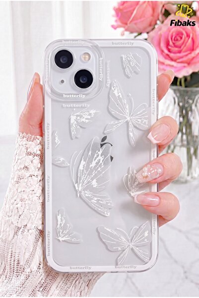 Fibaks iPhone 14 Kılıf Tasarımlı Desenli Kamera Korumalı Şeffaf Kelebek Esnek...
