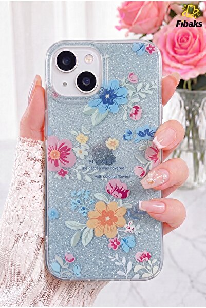Fibaks iPhone 14 Plus/15 Plus Kılıf Mavi Simli Çiçek Desenli Renkli Parlak Da...