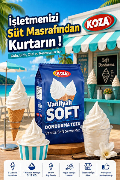 Koza Soft Dondurma Tozu Vanilyalı Sade - 3 Litre Su İle Hazırlanan Dondurma M...