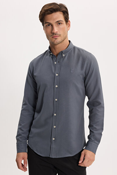 Tudors Cămașă sport antracit cu guler cu nasturi, brodată, Oxford, slim fit N...