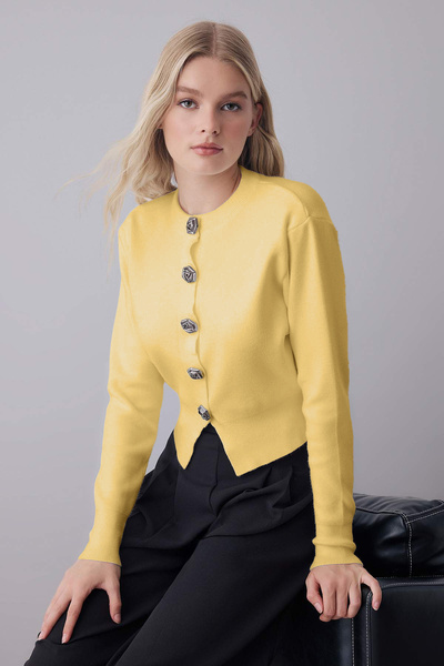 Trendyol Collection Yellow Premium Yarn/Special Yarn Crop Rose Buttoned Jacke...