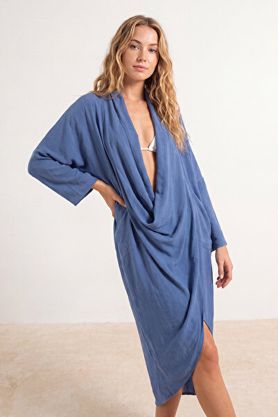 Trendyol Kollektion Indigowebenes Maxi-Strandkleid mit Dekolleté-Ausschnitt T...