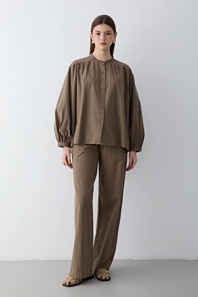 JASTE Women's High Collar Gathered Shirt & Wide Leg Pants Set