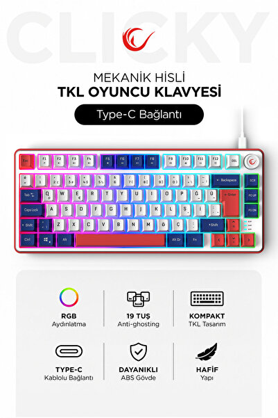 Rampage Clicky 75 Üç Renkli Mekanik Hisli RGB Türkçe Q Membrane Oyuncu Klavyesi