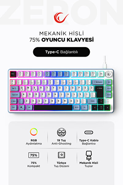 Rampage Clicky 75 Üç Renkli Mekanik Hisli RGB Türkçe Q Membrane Oyuncu Klavyesi