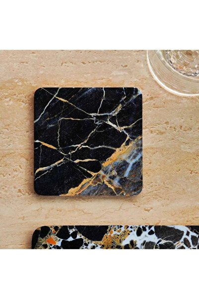 PAN HOME طقم حاملات أكواب رخامية من 4 قطع مقاس 10×10 سم - أسود