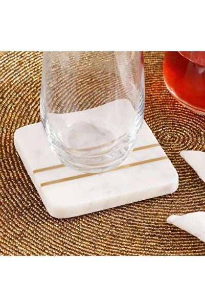 PAN HOME طقم قواعد أكواب رخامية من ميسون مكون من 4 قطع بتطعيم نحاسي، قطر 10×1...