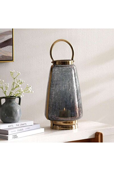 PAN HOME فانوس معدني من هينا بتصميم زجاج متشقق 25×25×40.5 سم - أسود ذهبي