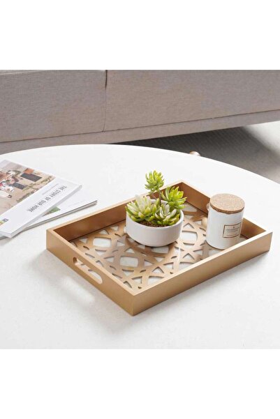 PAN HOME Mashrabiya Wooden Decorative Tray 36x26x4.5cm- Gold