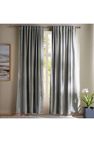 PAN HOME زوج ستائر سيرينا القطنية المخملية مع شريط تثبيت - 135×300 - رمادي