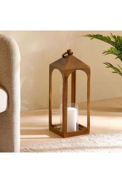 PAN HOME Zaida Metal Lantern With Glass 15x15x41cm - Brass Antique