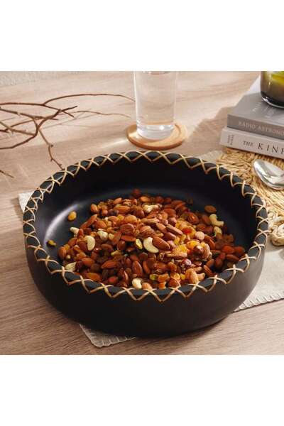 PAN HOME وعاء تقديم خشبي من ليغنا مع حافة من الخيزران، قطر 30×8 سم - أسود
