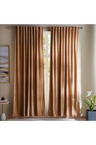 PAN HOME زوج ستائر سيرينا القطنية المخملية مع شريط تثبيت - 135×240 - بيج