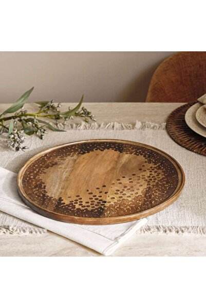 PAN HOME Savanna Mango Wood Etched Serving Platter Dia36x1.5cm -brown