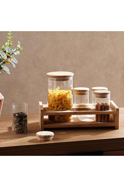 PAN HOME طقم برطمانات سيلاس من 5 قطع مع حامل من الخيزران - شفاف