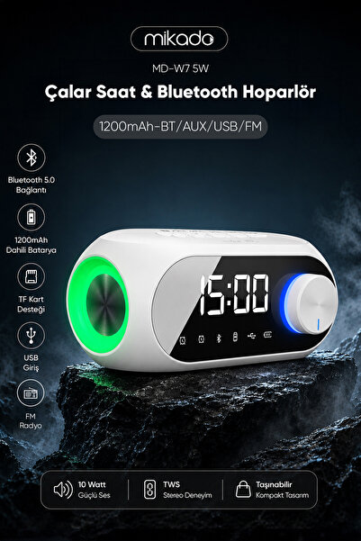 Mikado MD-W7 1200mAh 5W Beyaz Bluetooth-Aux-Derece-Usb-FM (RADYO) Alarmlı Saa...