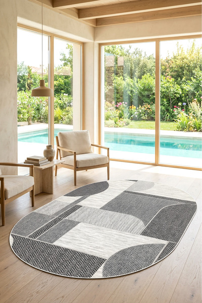 Decomia Home Dijital Kaymaz Yıkanabilir Gri Mutfak Halısı Salon Halısı Yolluk...