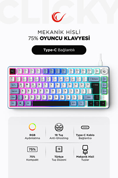 Rampage Clicky 75 Üç Renkli Mekanik Hisli RGB Türkçe Q Membrane Oyuncu Klavyesi