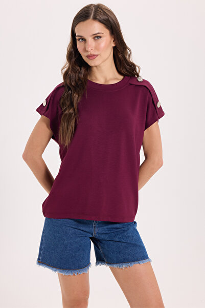 Tudors Women's Oversize Wide Cut Crew Neck Buttoned Shoulder Lycra Burgundy V...