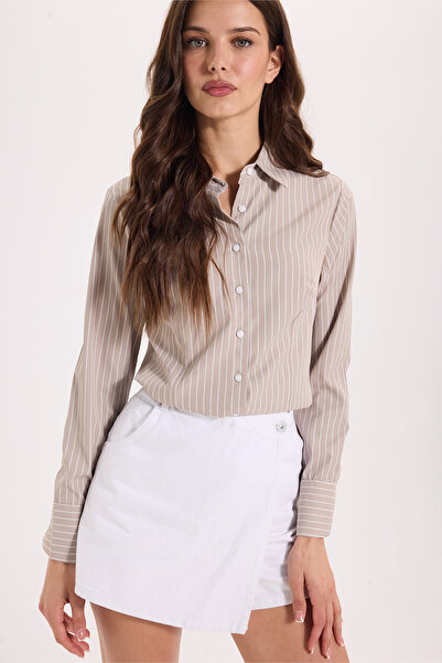 Tudors Women's Slim Fit Long Sleeve Striped Beige Shirt