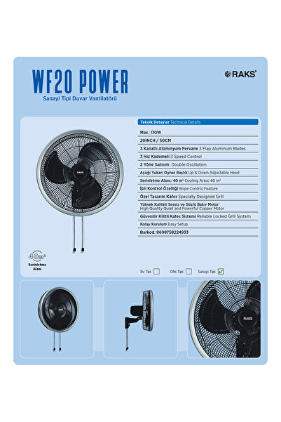 Raks WF20 POWER Sanayi Tipi Duvar Vantilatörü 130 watt 20 inç/50cm. 40 metrekare serinletme alanı