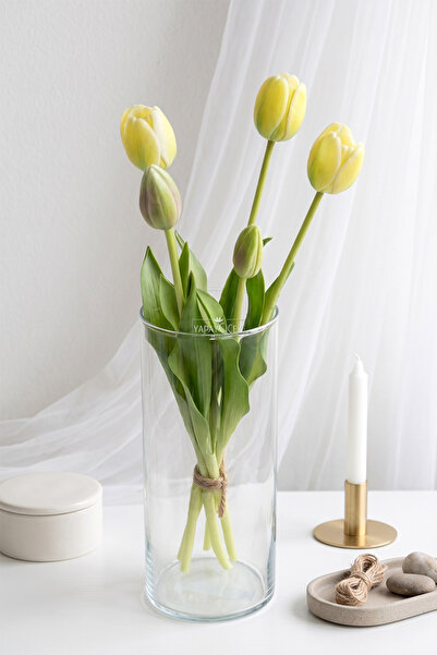 Yapay Çiçek Deposu Real Textured Luxury 5-Branch Coquette Tulip Bouquet Yellow