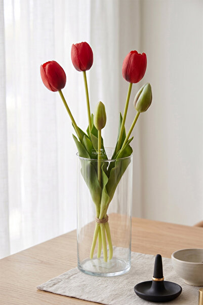 Yapay Çiçek Deposu Real Textured Luxury 5-Branch Coquette Tulip Bouquet Red